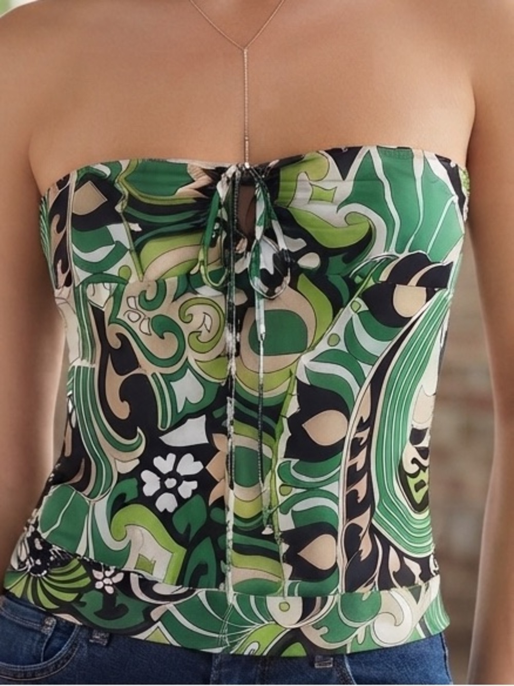 Green Printed Strapless Bustier Camisole